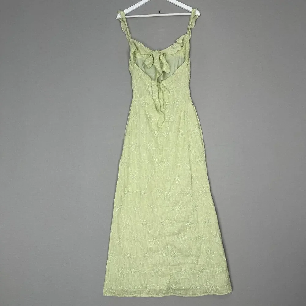 Princess Polly Burner Maxi Dress Women 4 Green Tie Back Floral Embroidered Fairy
